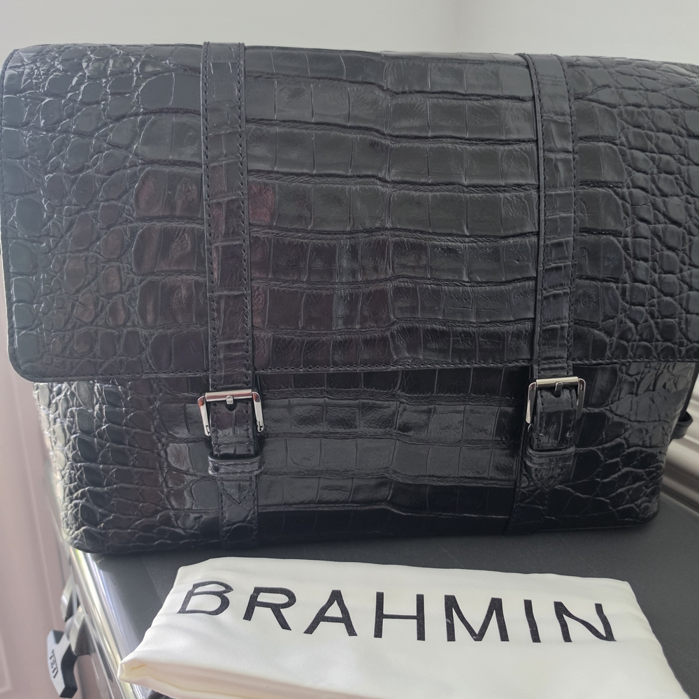 Brahmin Black Croc-Embossed Leather Messenger Bag